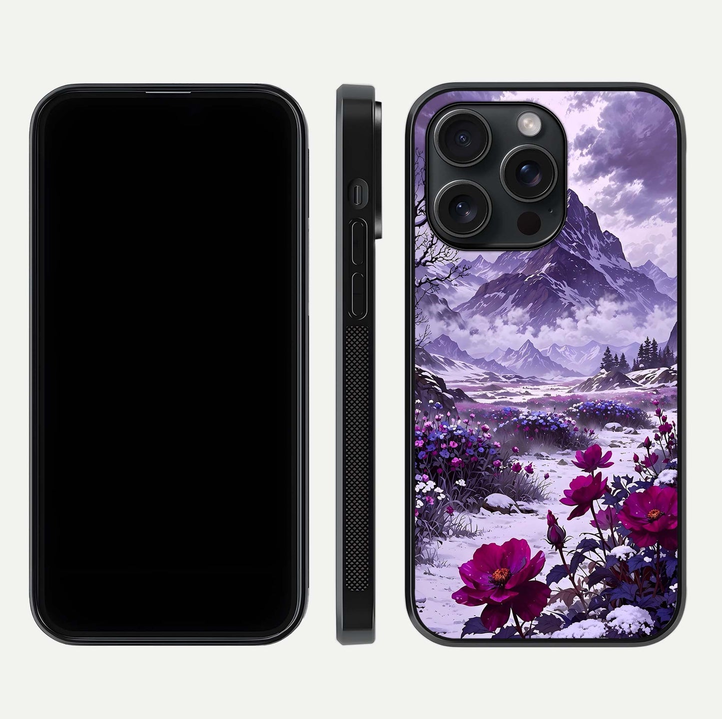 Flower Mountain View Glass Case for iPhone 15 Pro dual-view layout displaying scenic tones and curved glass finish