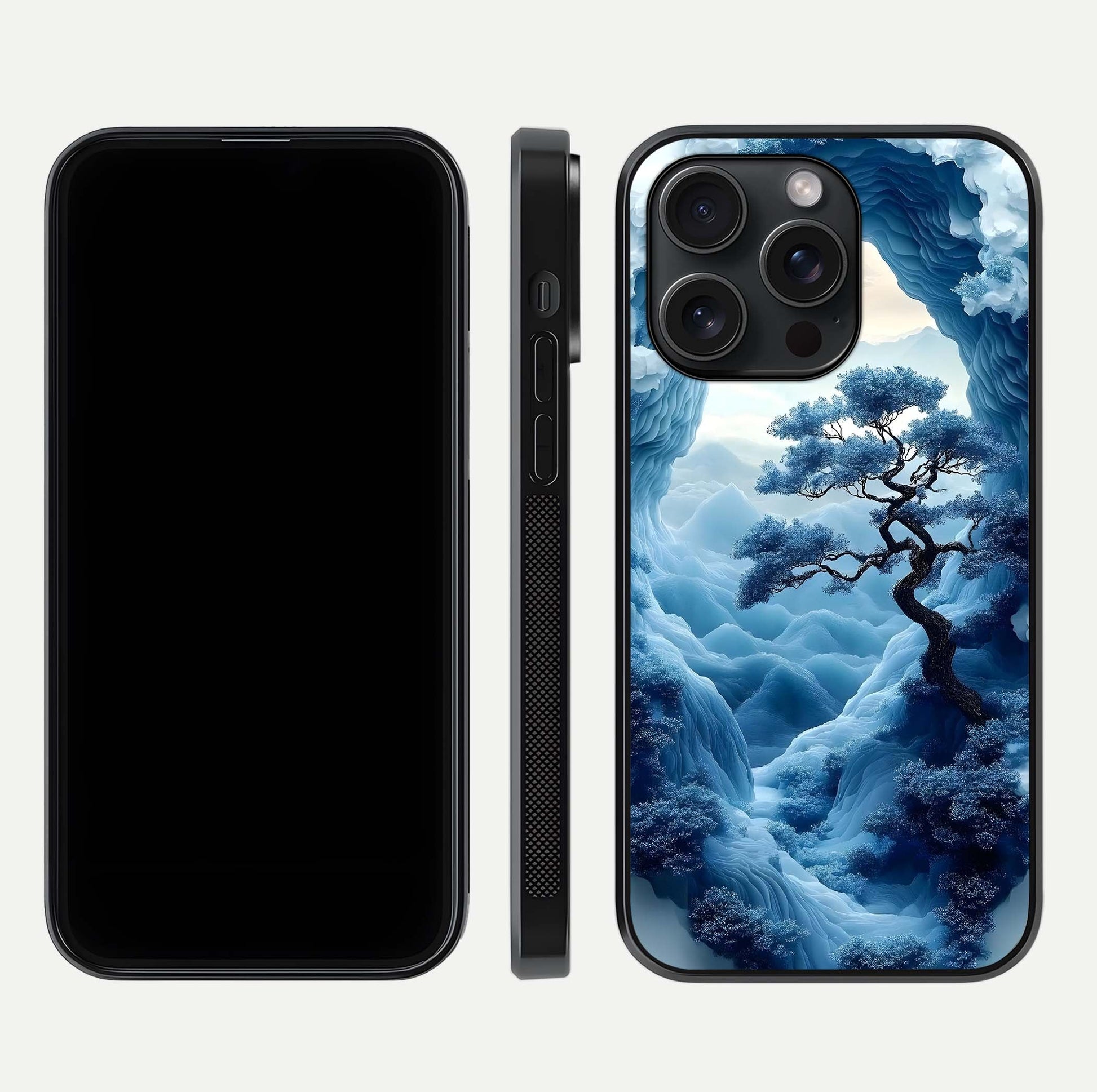 Frozen Serenity Gate Glass Case for iPhone 15 Pro dual-view layout displaying winter theme and smooth curves
