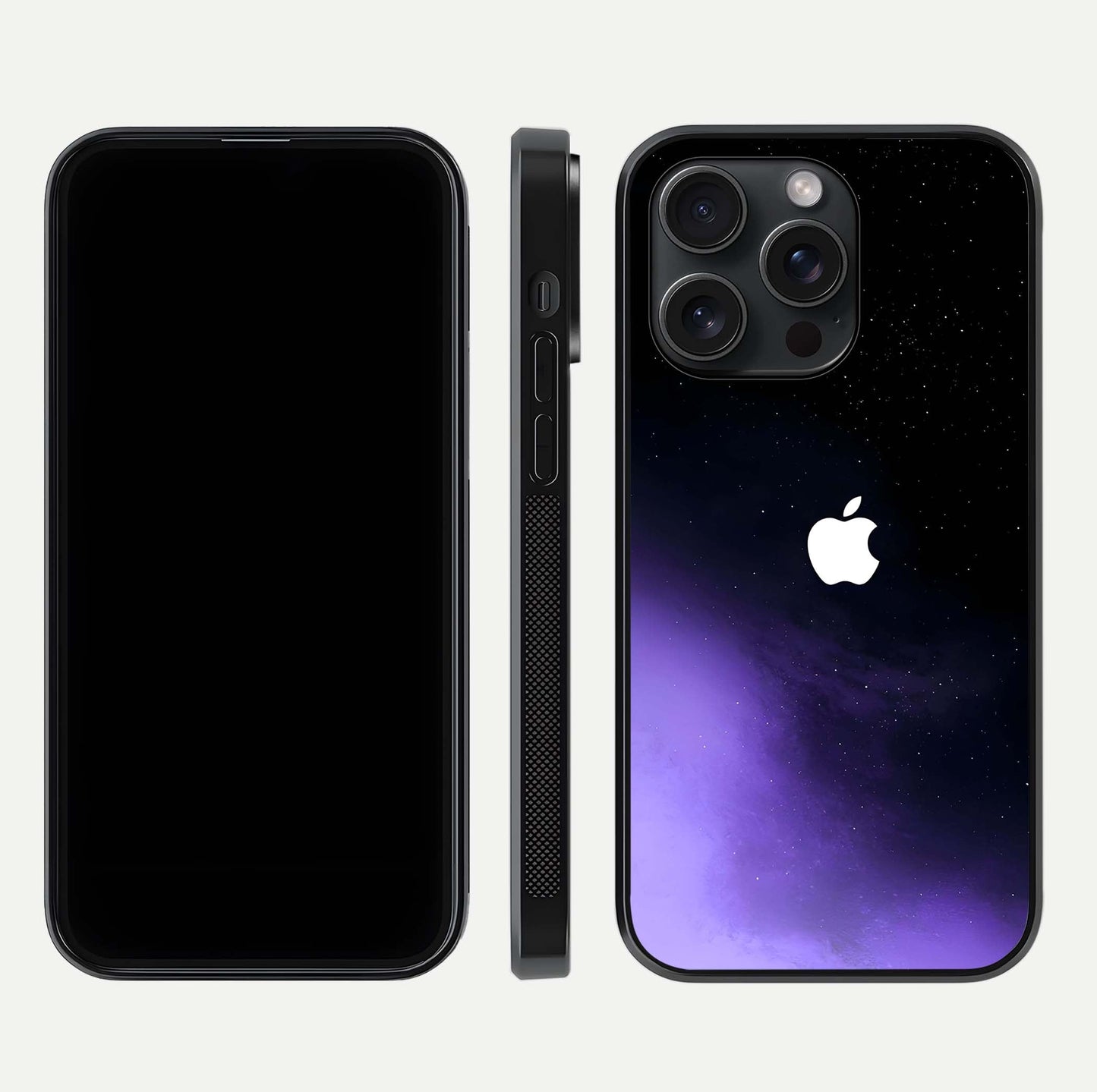 Galaxy Apple Aura Glass Case for iPhone 15 Pro front and back view layout displaying cosmic tones and premium curved glass edges