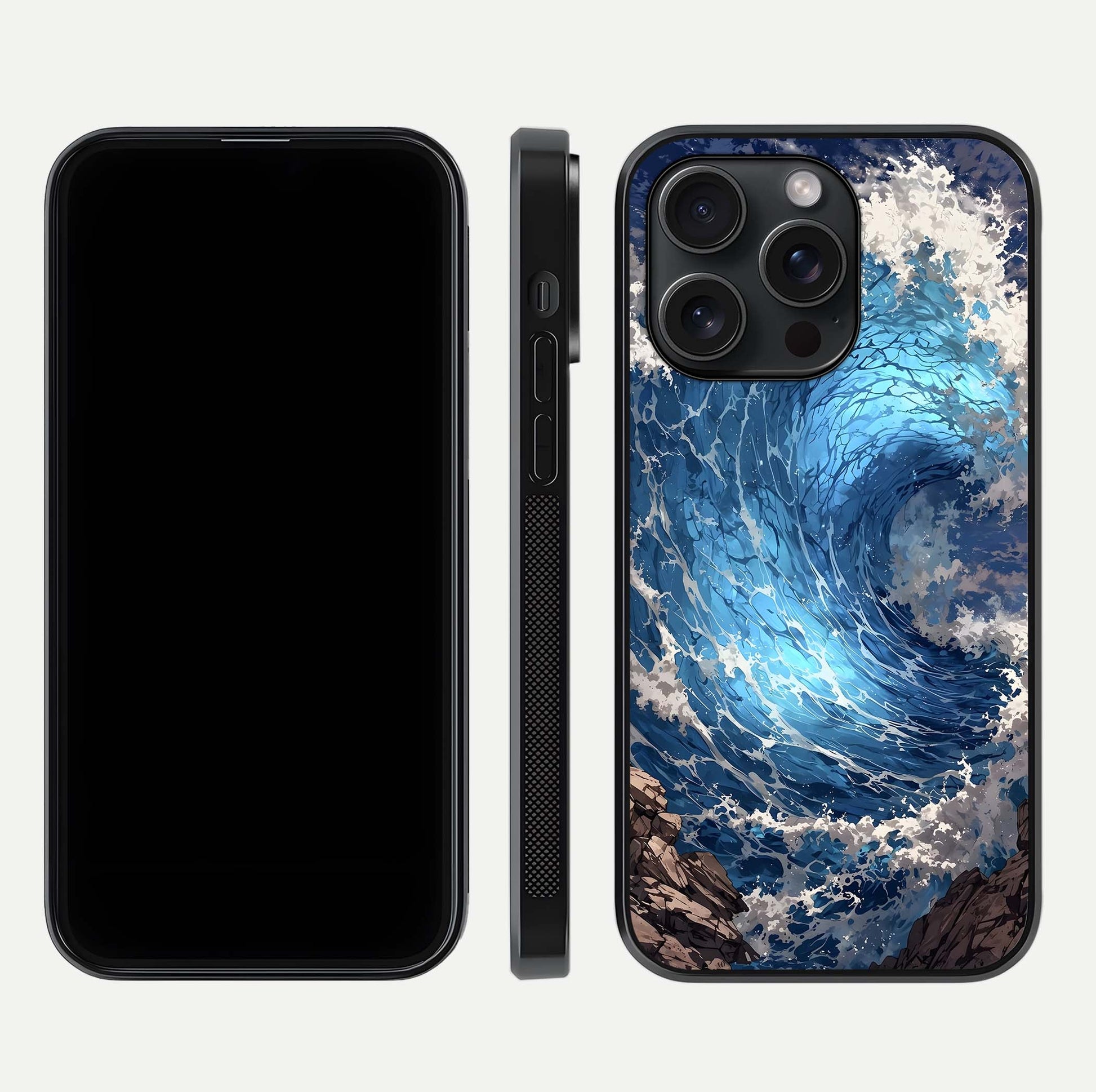 Giant Ocean Wave Glass Case for iPhone 15 Pro front and back view layout displaying sea tones and smooth curved edges