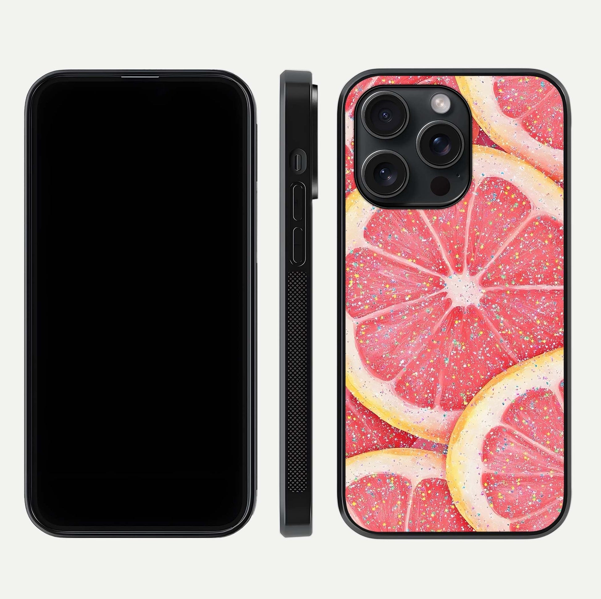 Glitter Grapefruit Glass Case for iPhone 15 Pro front and back view layout highlighting citrus hues and smooth glass