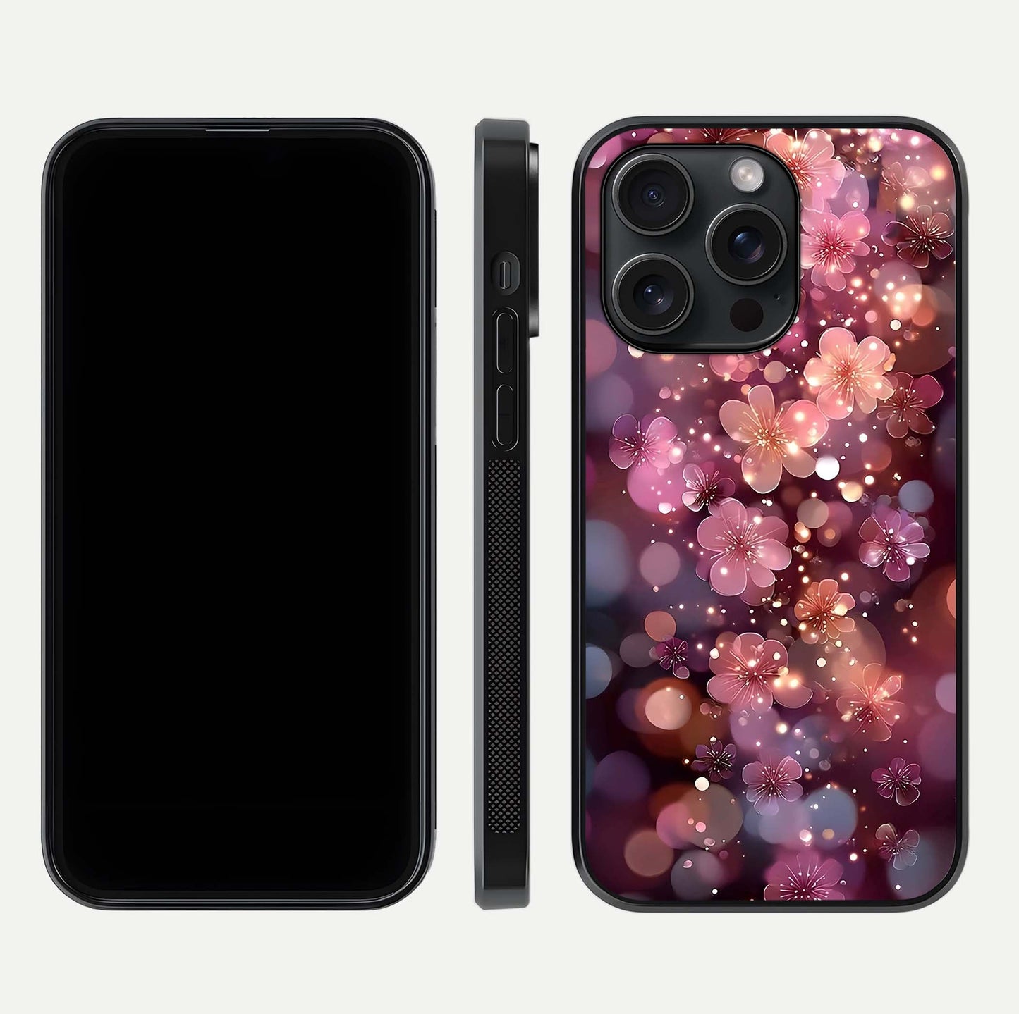Glowing Petal Bliss Glass Case for iPhone 15 Pro front and back view layout displaying artistic floral design and curved glass