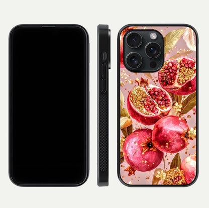 Golden Bloom Glow Glass Case for iPhone 15 Pro front and back view layout highlighting luxury floral pattern and curved edges