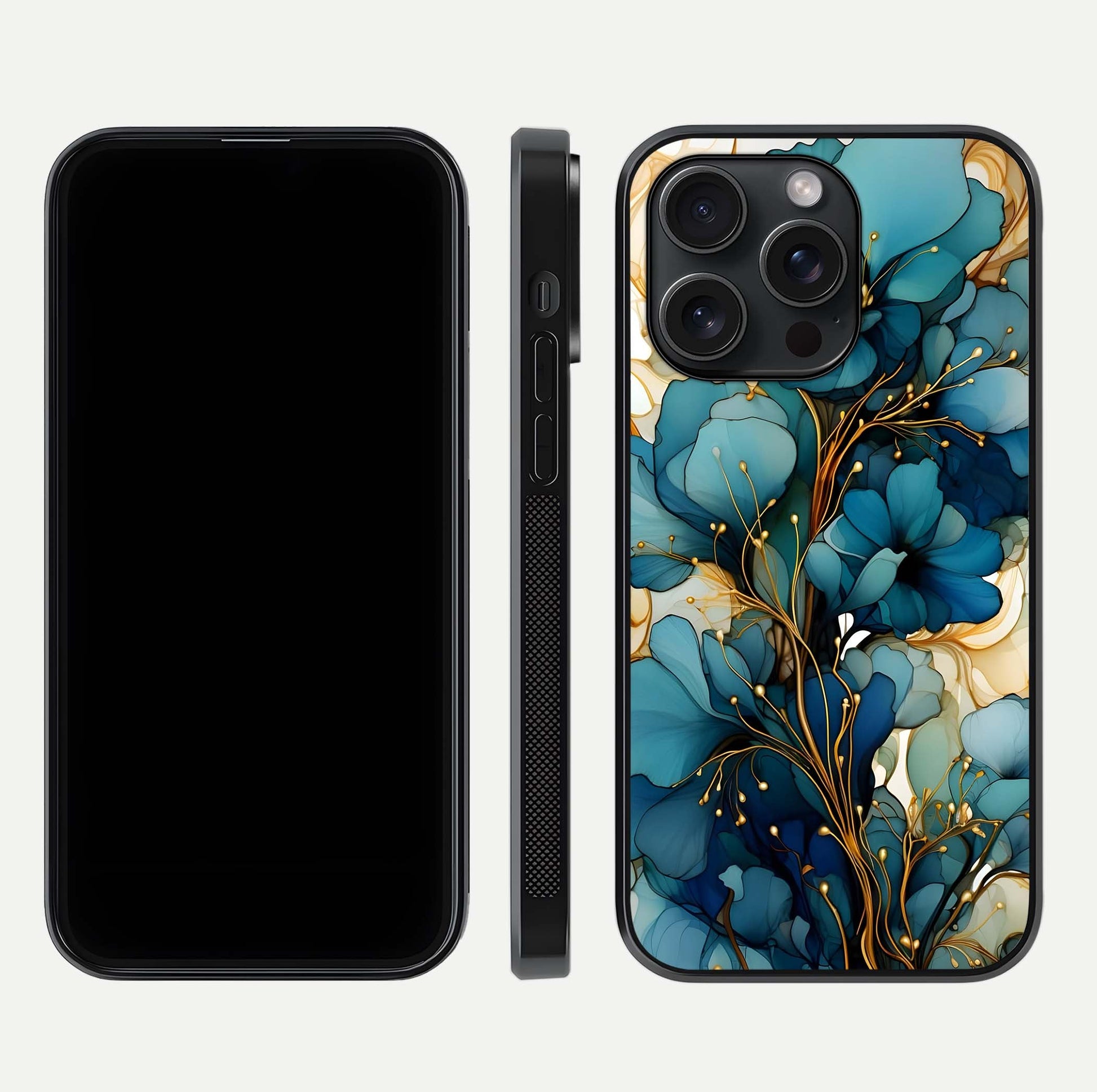 Golden Bloom Symphony Glass Case for iPhone 15 Pro front and back view layout highlighting rich floral tones and curved glass edges