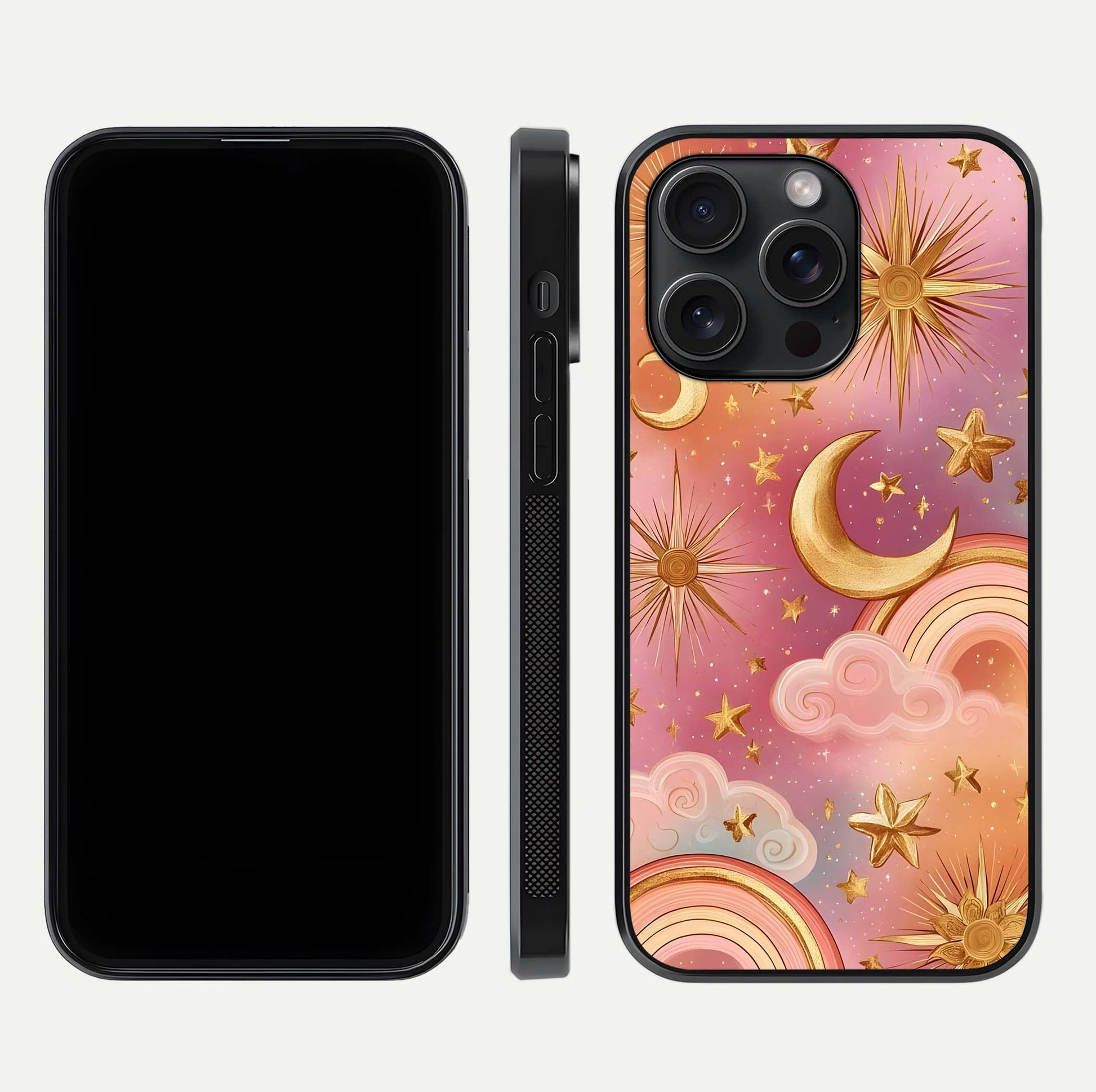 Golden Celestial Dreams Glass Case for iPhone 15 Pro front and back view layout highlighting celestial motifs and smooth curved edge