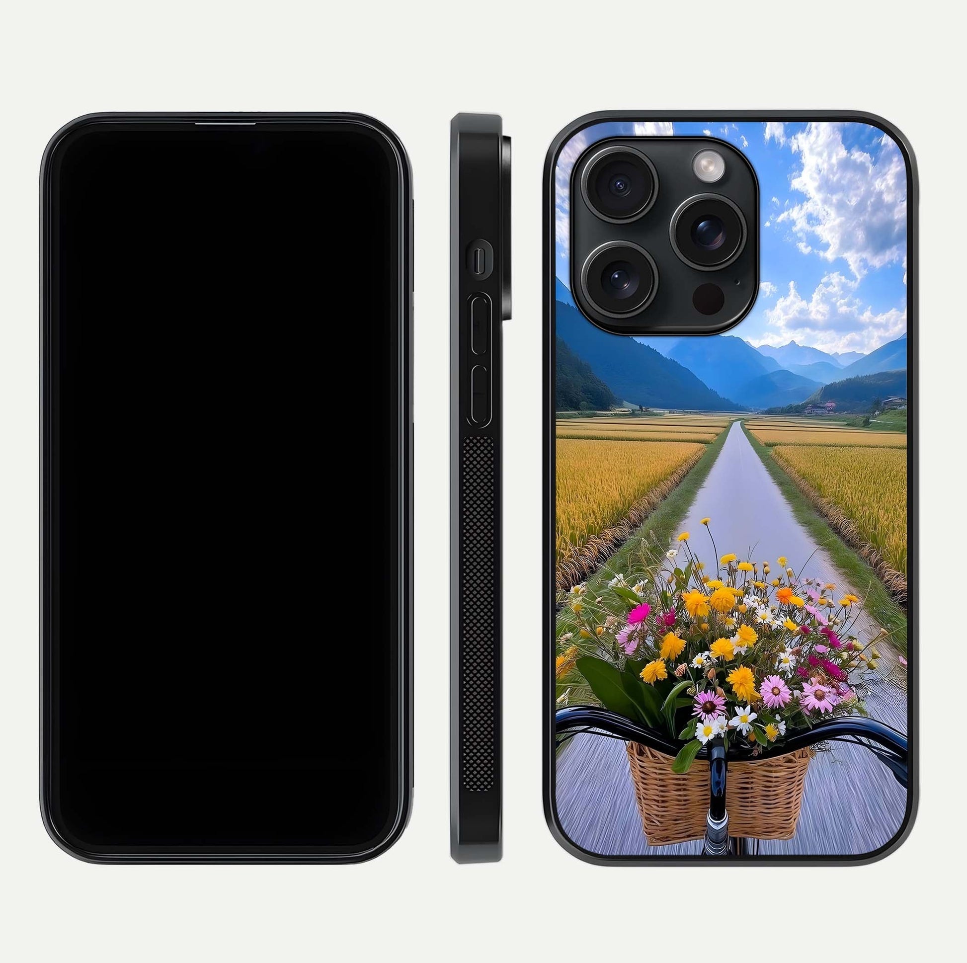 Golden Field Journey Glass Case for iPhone 15 Pro front and back view layout highlighting natural gradient and smooth glass finish