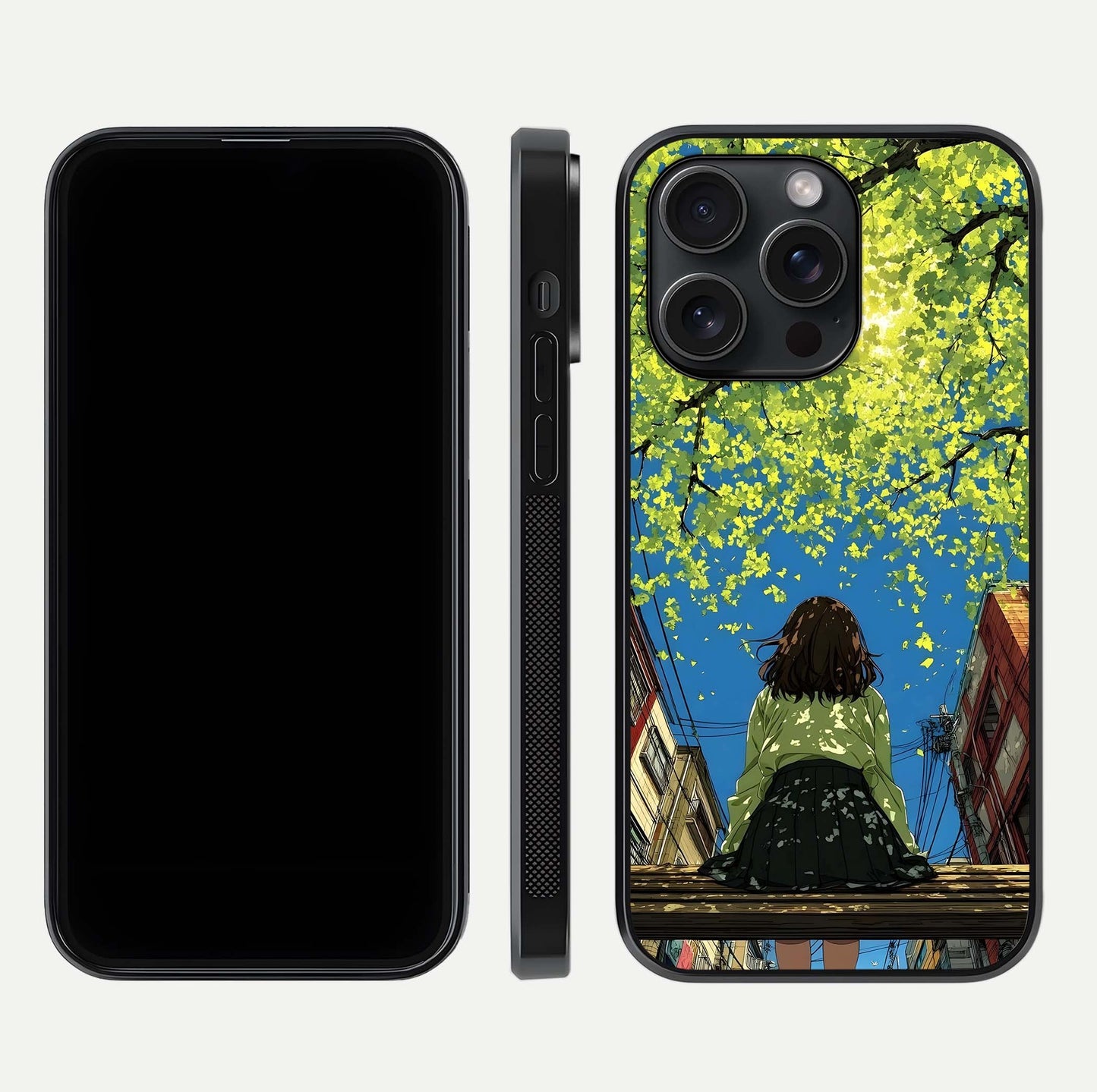Golden Leaves Glow Glass Case for iPhone 15 Pro front and back view layout highlighting glowing tones and curved edges