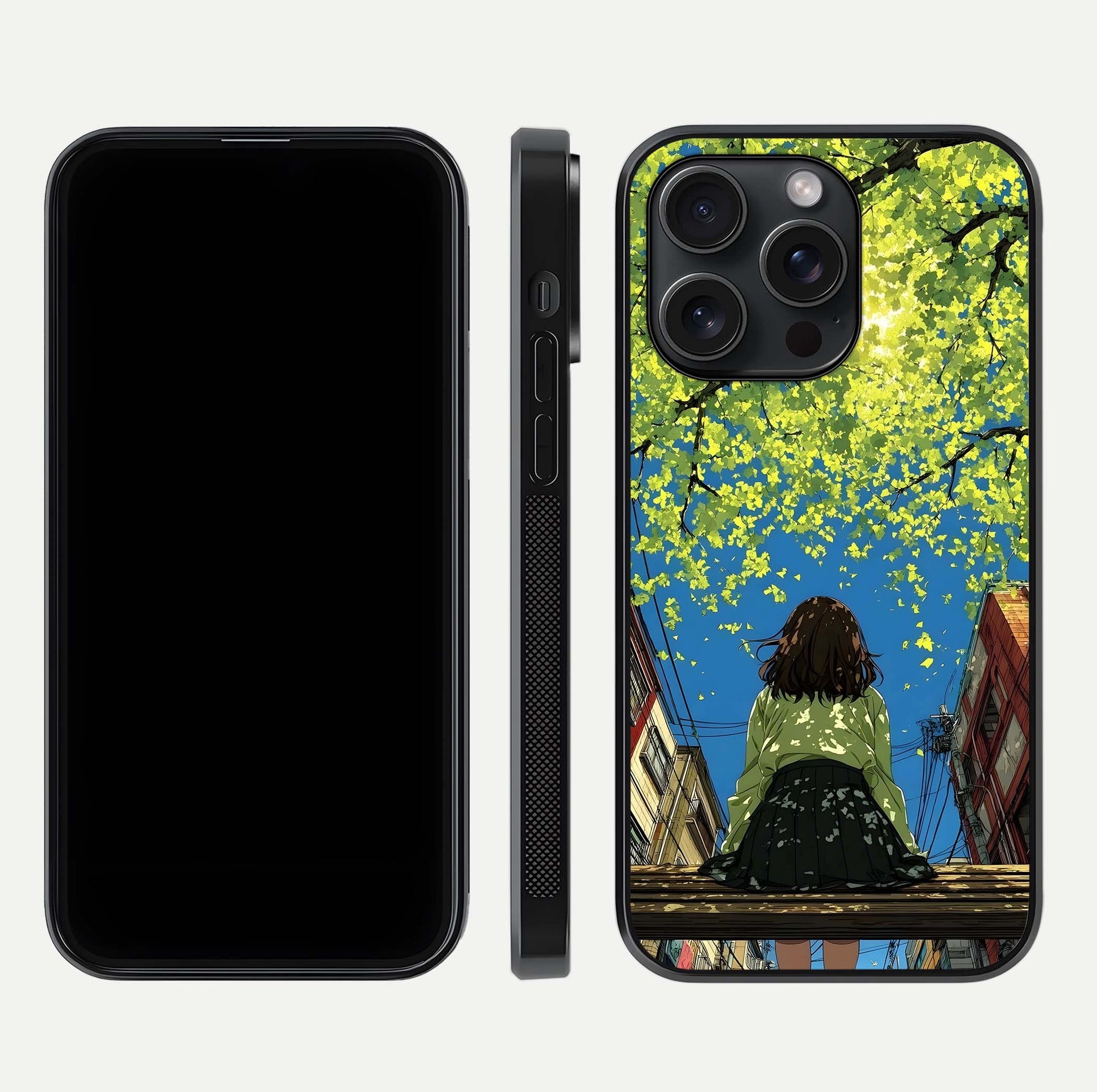 Golden Leaves Glow Glass Case for iPhone 15 Pro front and back view layout highlighting glowing tones and curved edges