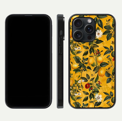 Golden Lemon Field Glass Case for iPhone 15 Pro front and back view layout highlighting fruity tones and curved glass edges