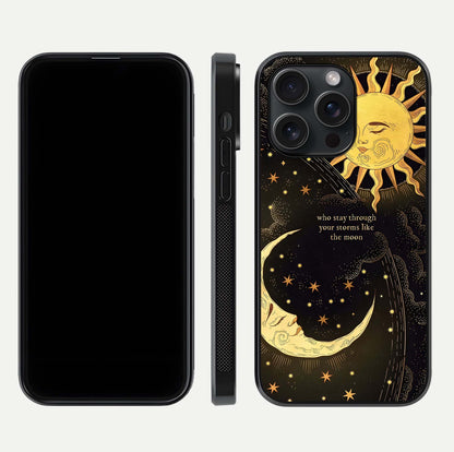Golden Lunar Love Glass Case for iPhone 15 Pro front and back view layout highlighting celestial tones and curved edges