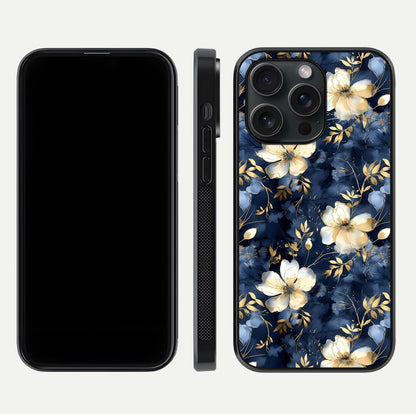 Golden Midnight Bloom Glass Case for iPhone 15 Pro front and back view layout highlighting dark-gold tones and smooth curves