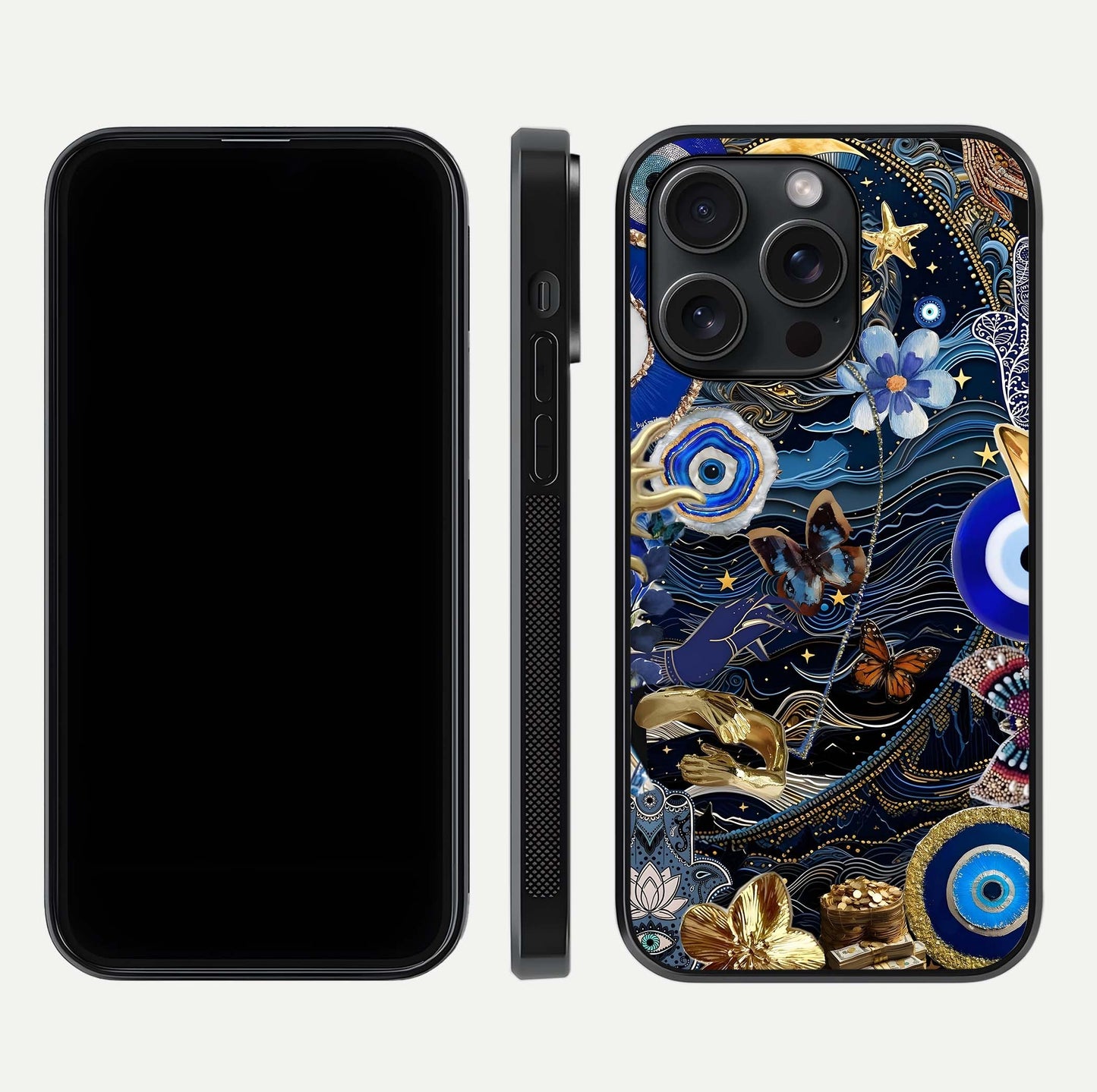 Golden Moon Magic Glass Case for iPhone 15 Pro front and back view layout highlighting celestial tones and curved glass