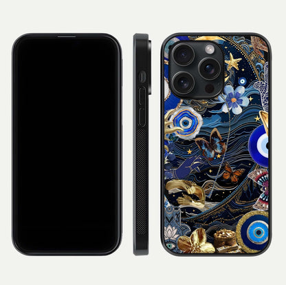 Golden Moon Magic Glass Case for iPhone 15 Pro front and back view layout highlighting celestial tones and curved glass