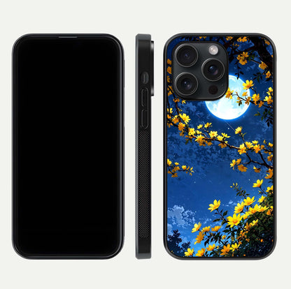 Golden Night Glow Glass Case for iPhone 15 Pro front and back view layout displaying metallic glow and curved glass edge