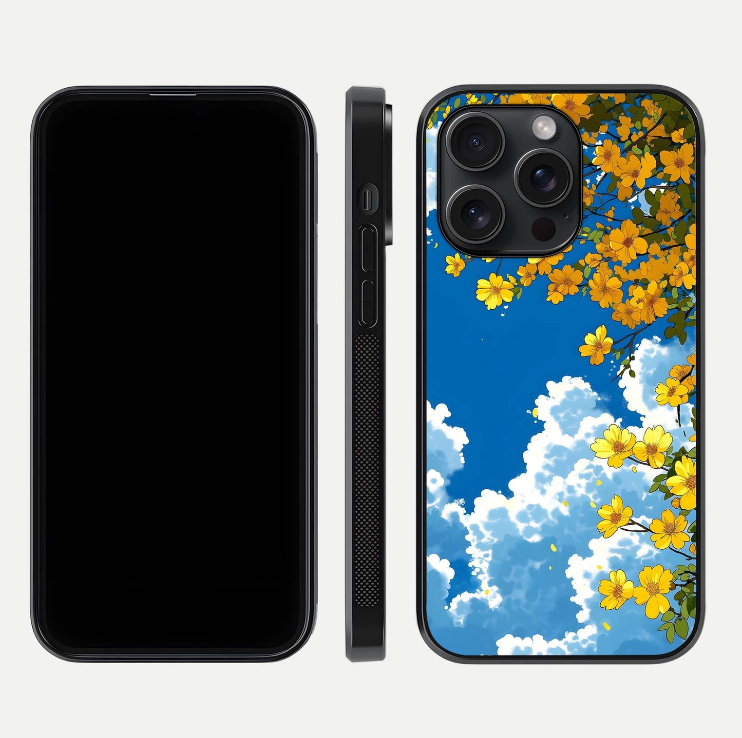 Golden Petal Sky Glass Case for iPhone 15 Pro front and back view layout highlighting floral pattern and curved glass edges