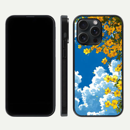 Golden Petal Sky Glass Case for iPhone 15 Pro front and back view layout highlighting floral pattern and curved glass edges