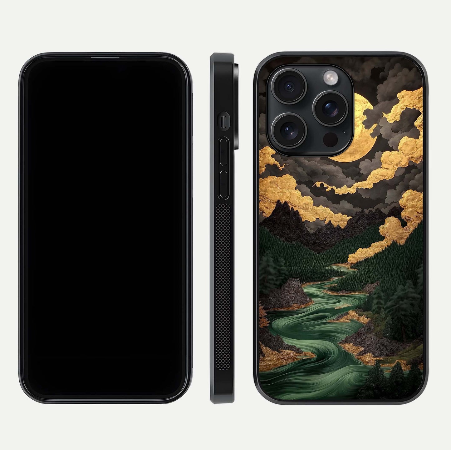 Golden River Moon Glass Case for iPhone 15 Pro front and back view layout displaying celestial glow and smooth curves