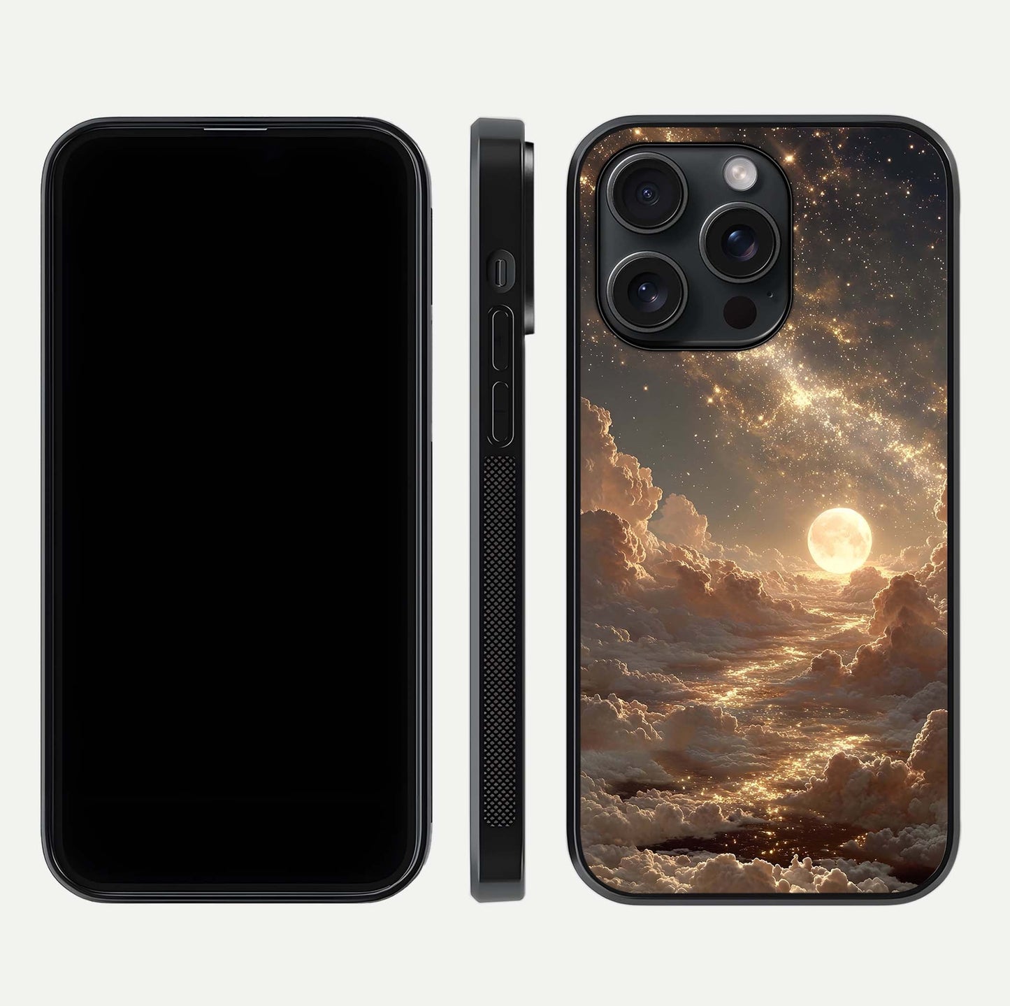 Golden Sky Dream Glass Case for iPhone 15 Pro front and back view layout highlighting celestial gold hues and curved glass