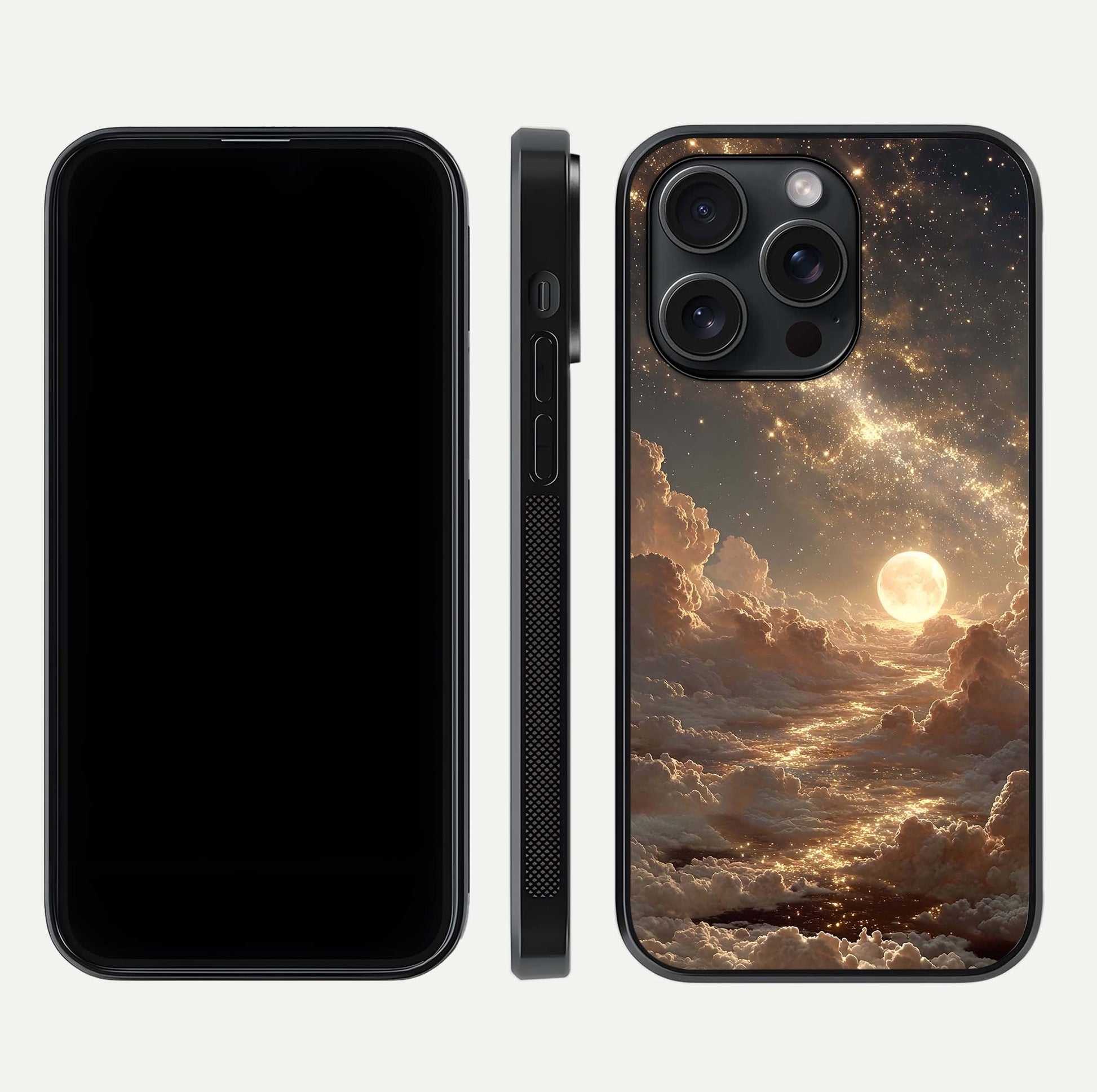 Golden Sky Dream Glass Case for iPhone 15 Pro front and back view layout highlighting celestial gold hues and curved glass