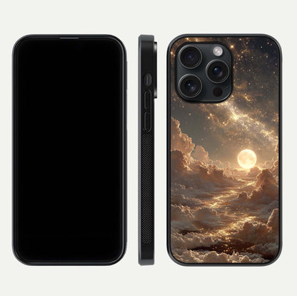 Golden Sky Dream Glass Case for iPhone 15 Pro front and back view layout highlighting celestial gold hues and curved glass