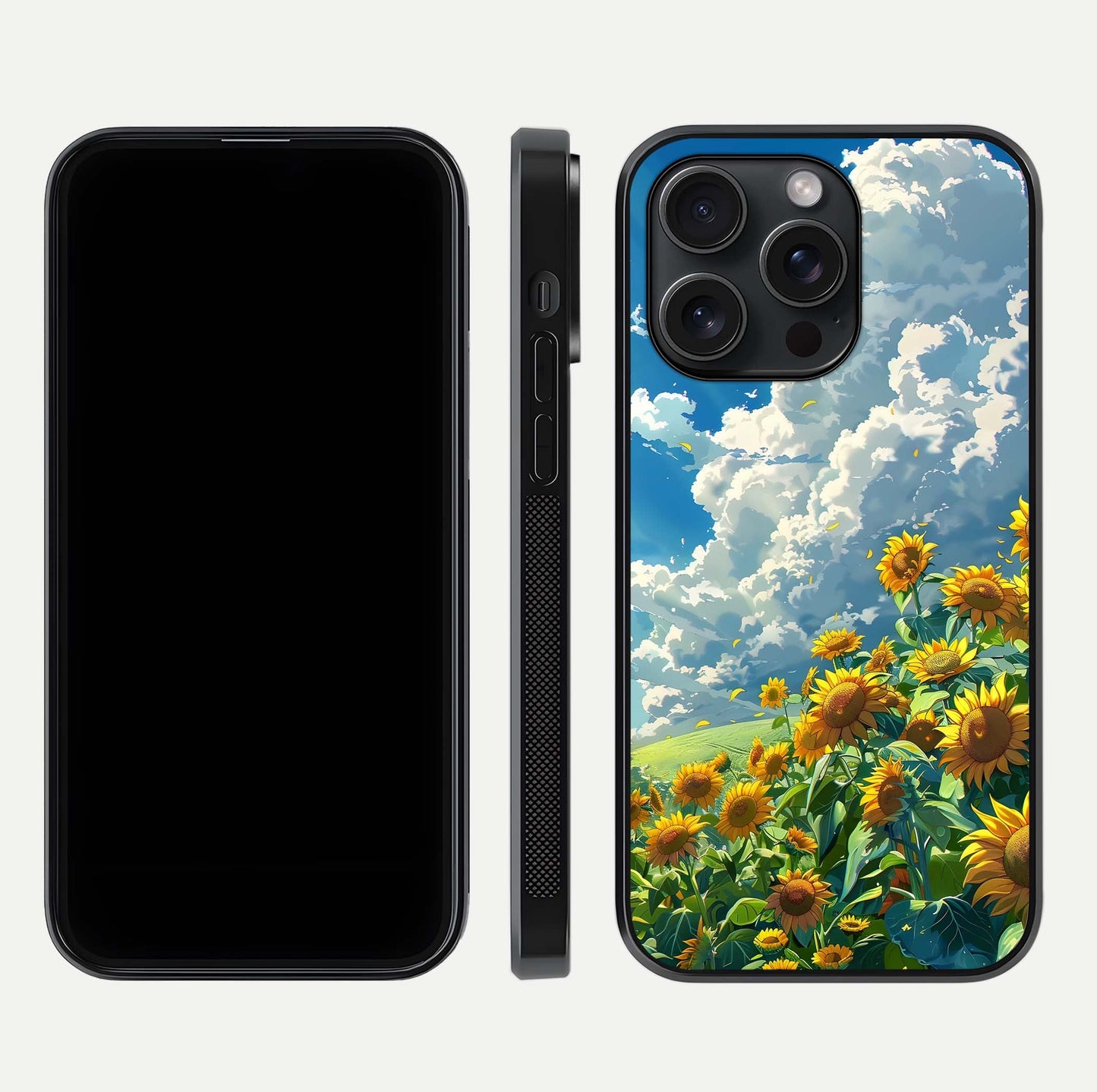 Golden Sun Glory Glass Case for iPhone 15 Pro front and back view layout displaying bright golden tones and curved edges
