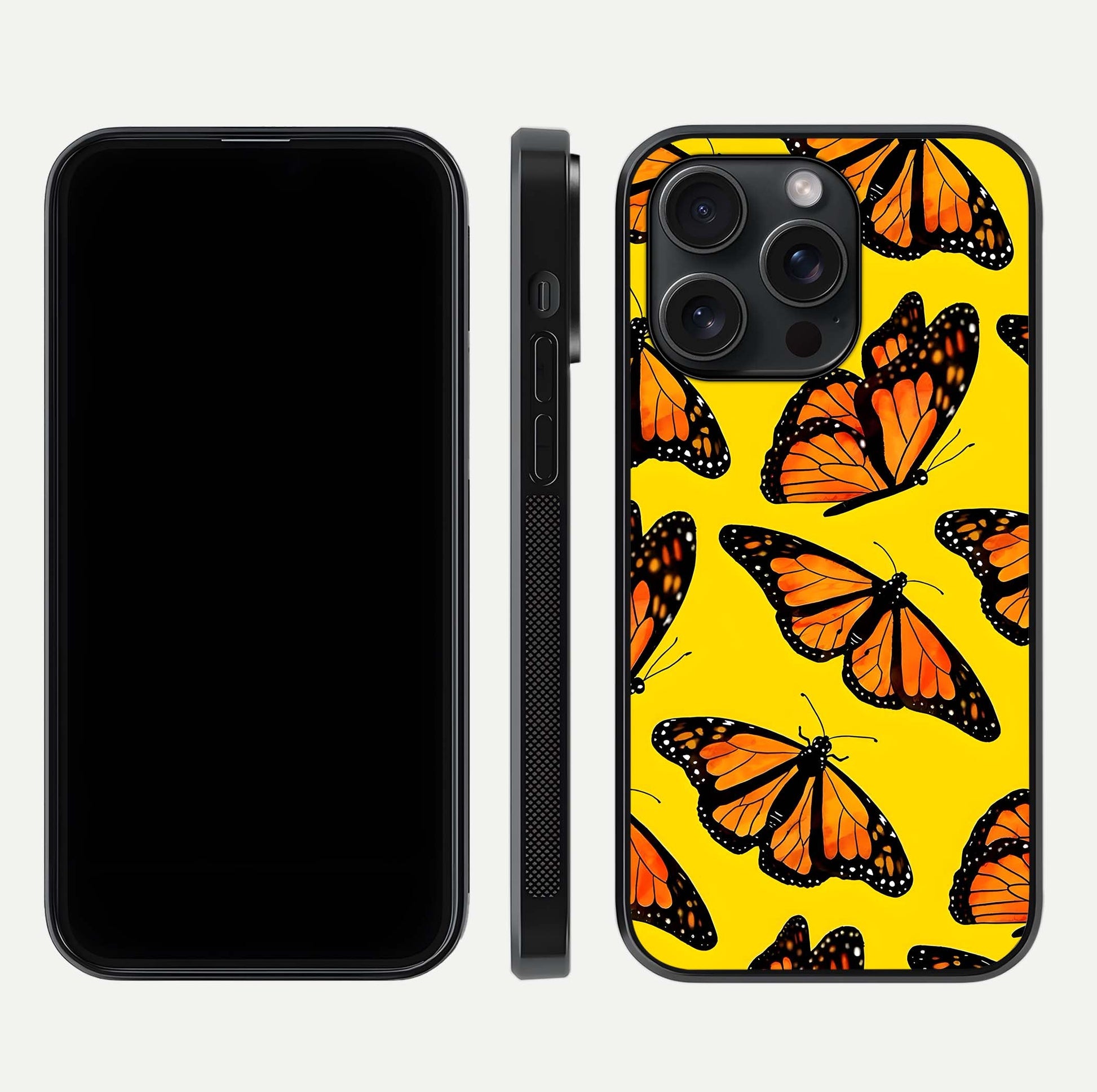 Golden Wing Flight Glass Case for iPhone 15 Pro front and back view layout highlighting graceful lines and curved glass