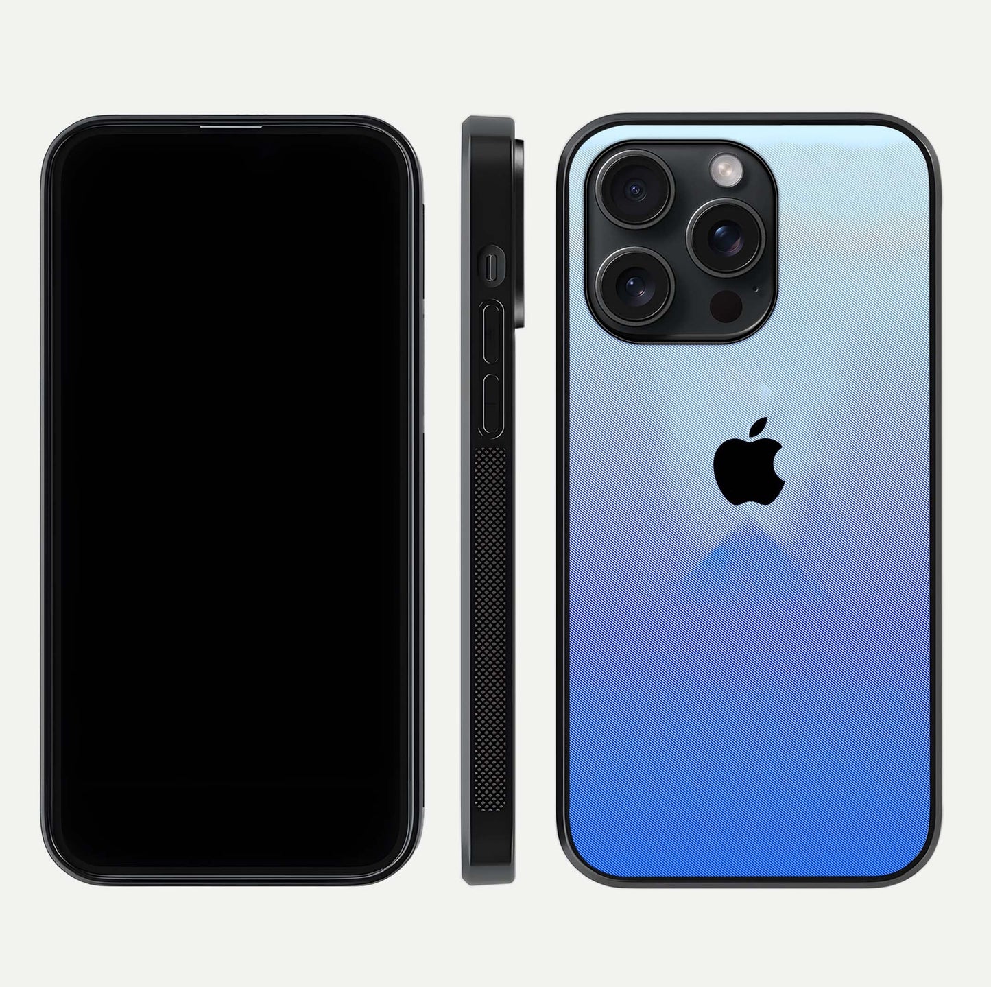 Gradient Apple Vibe Glass Case for iPhone 15 Pro front and back view layout highlighting minimalist Apple design and curved edges