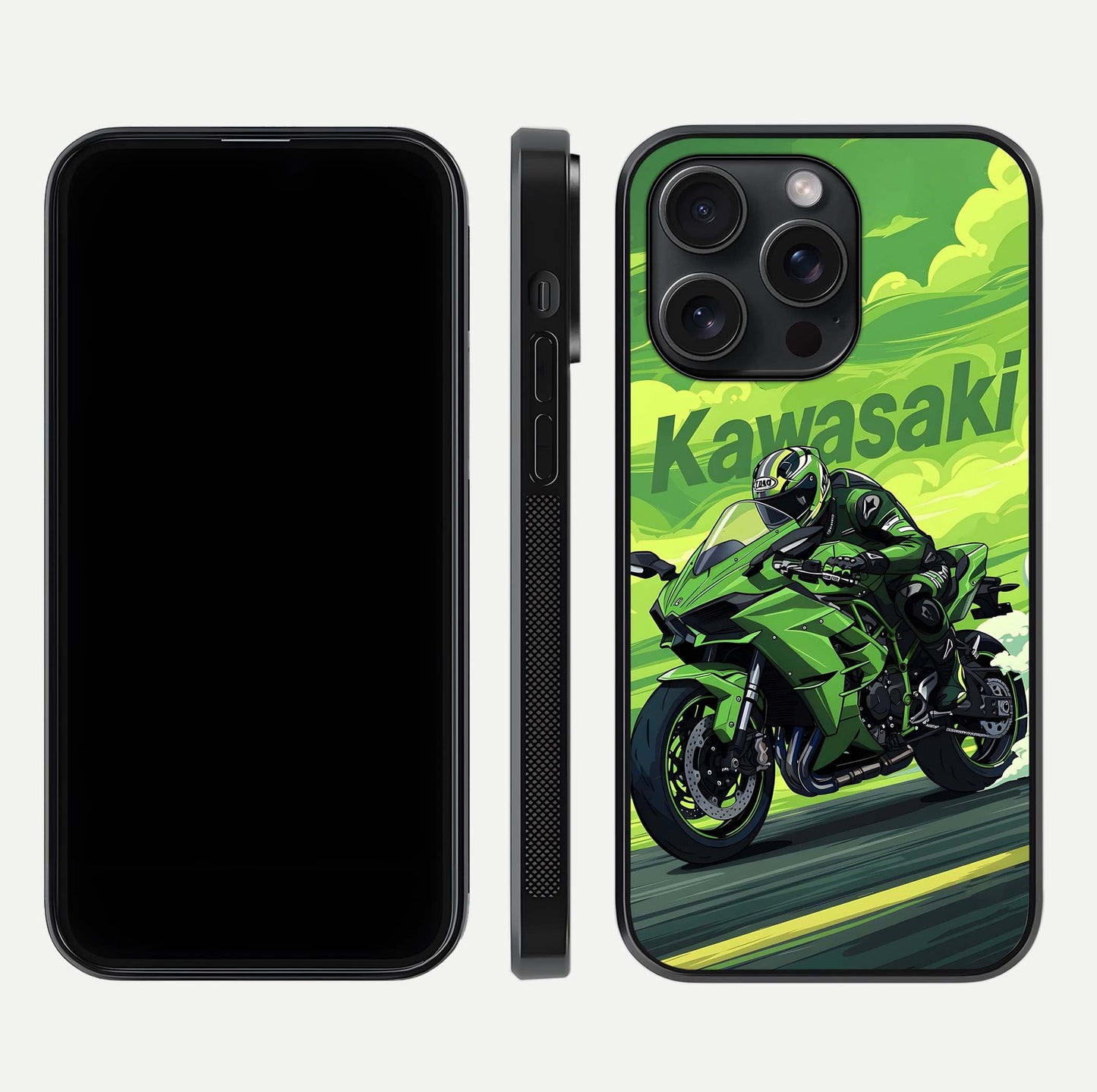 Green Kawasaki Glass Case for iPhone 15 Pro front and back view layout highlighting vivid green tones and curved glass edges