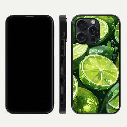 Green Lemon Glass Case for iPhone 15 Pro front and back view layout displaying vibrant yellow-green hues and smooth edges