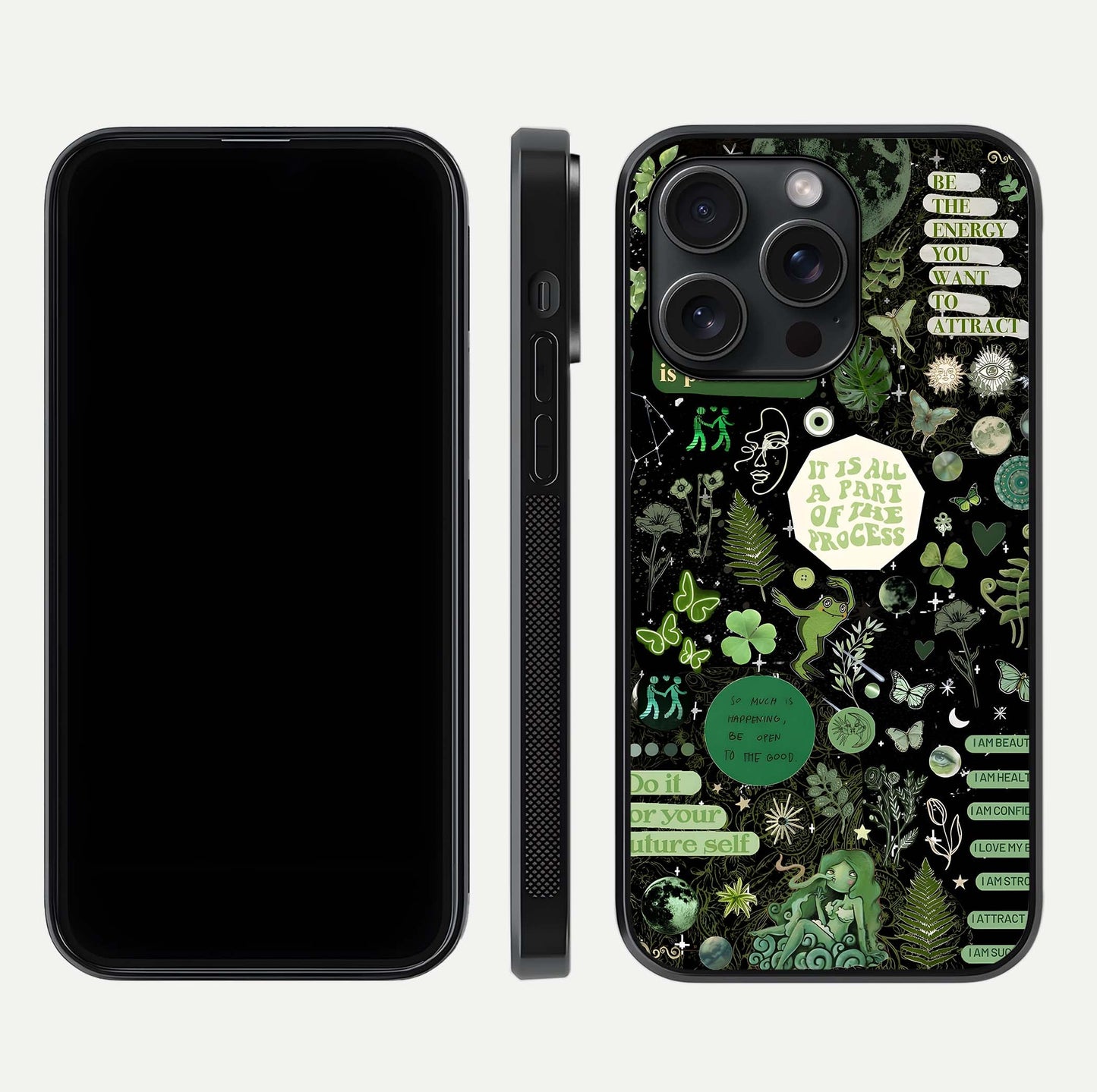 Green Moon Energy Glass Case for iPhone 15 Pro front and back view layout highlighting cosmic tones and smooth edges