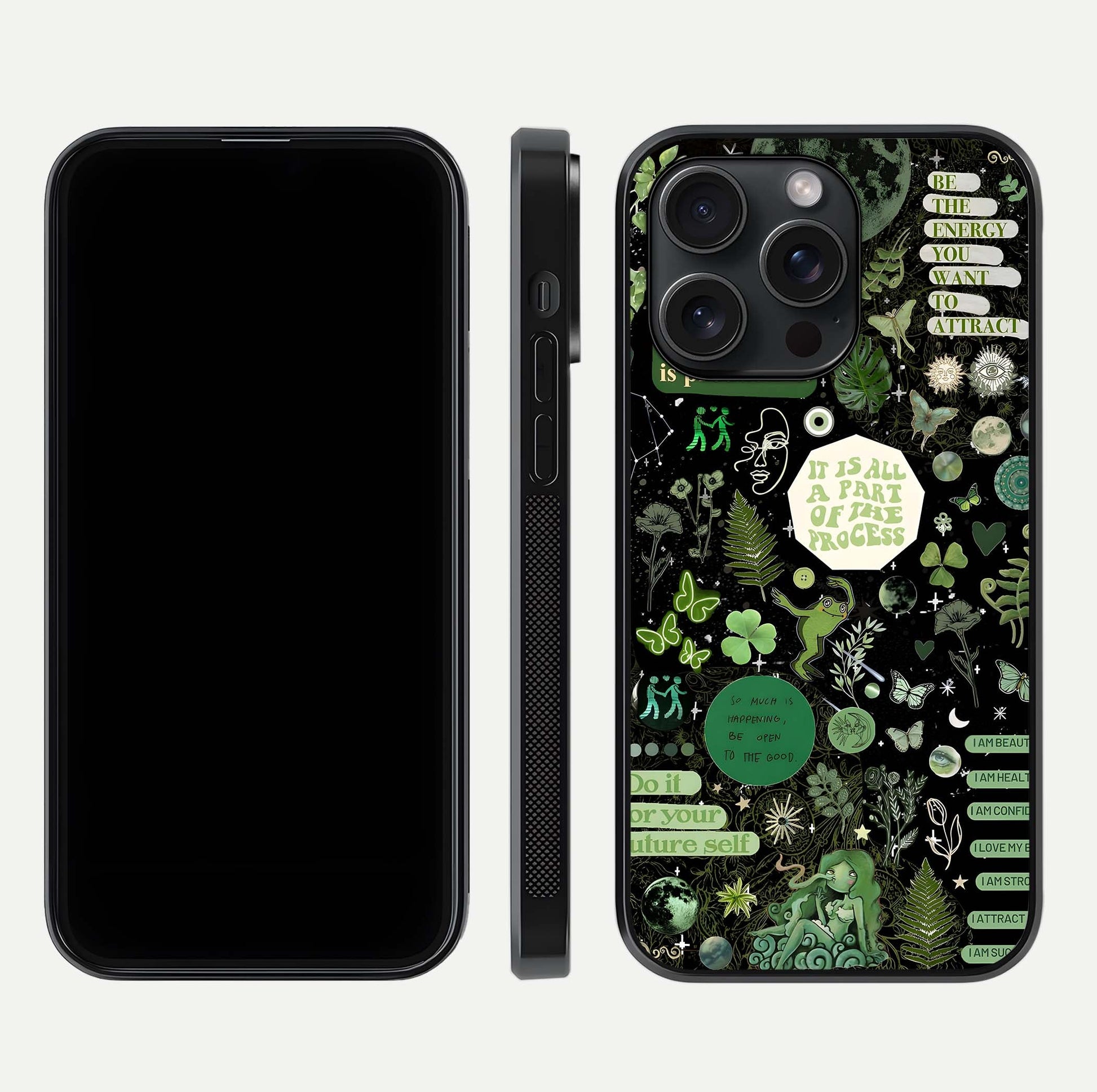 Green Moon Energy Glass Case for iPhone 15 Pro front and back view layout highlighting cosmic tones and smooth edges