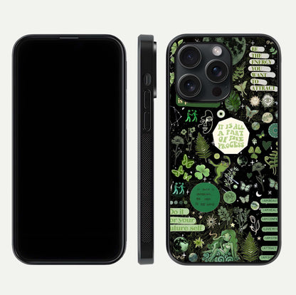Green Moon Energy Glass Case for iPhone 15 Pro front and back view layout highlighting cosmic tones and smooth edges