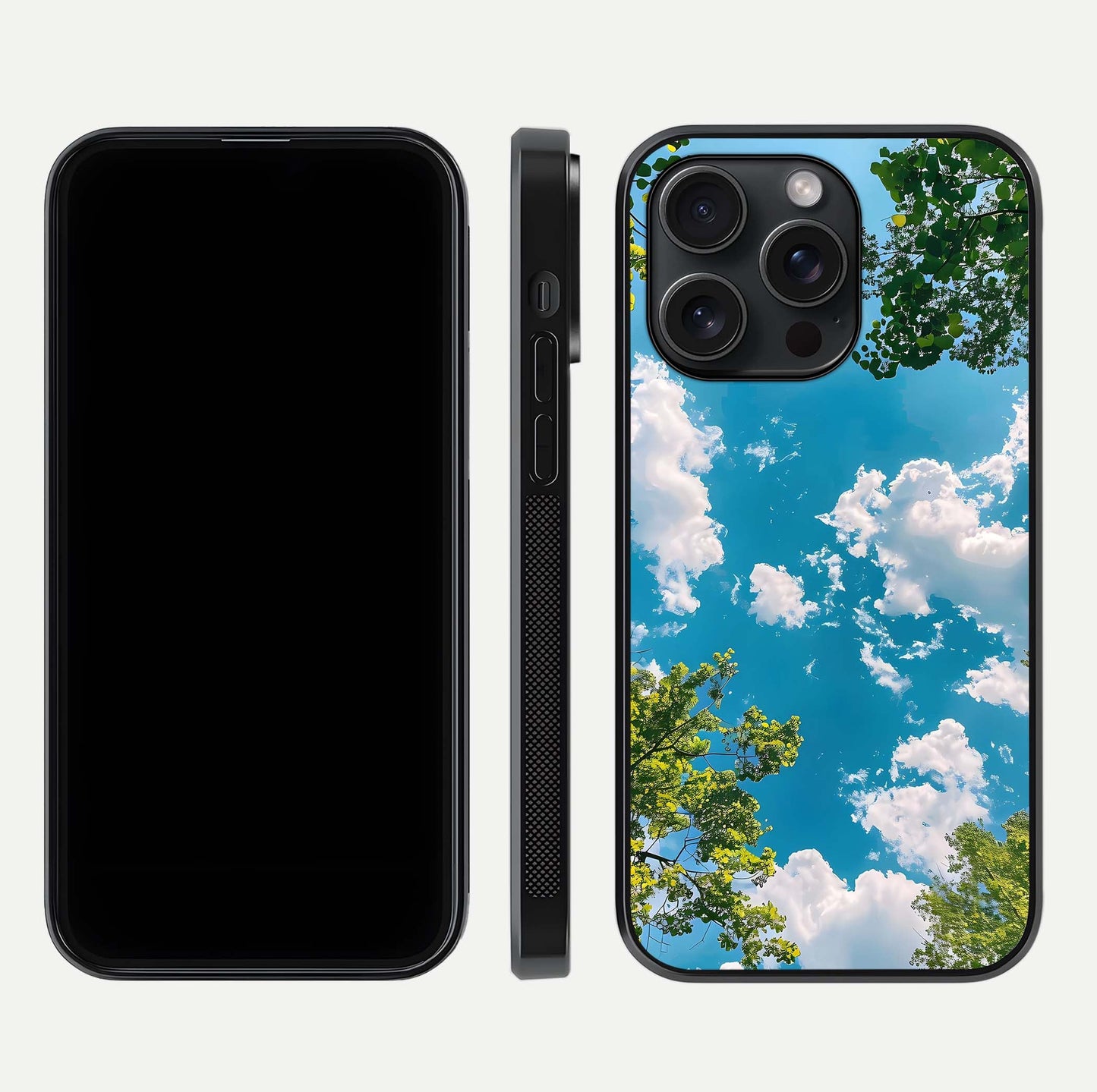 Greenery Sky Glass Case for iPhone 15 Pro front and back view layout displaying scenic green-blue gradient and curved edges