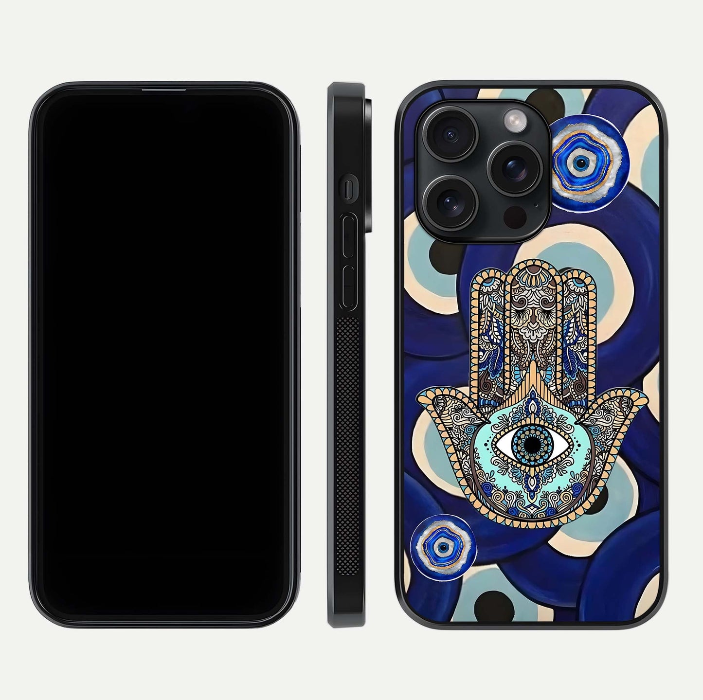 Hamsa Divine Guard Glass Case for iPhone 15 Pro front and back view layout highlighting spiritual artwork and smooth edges