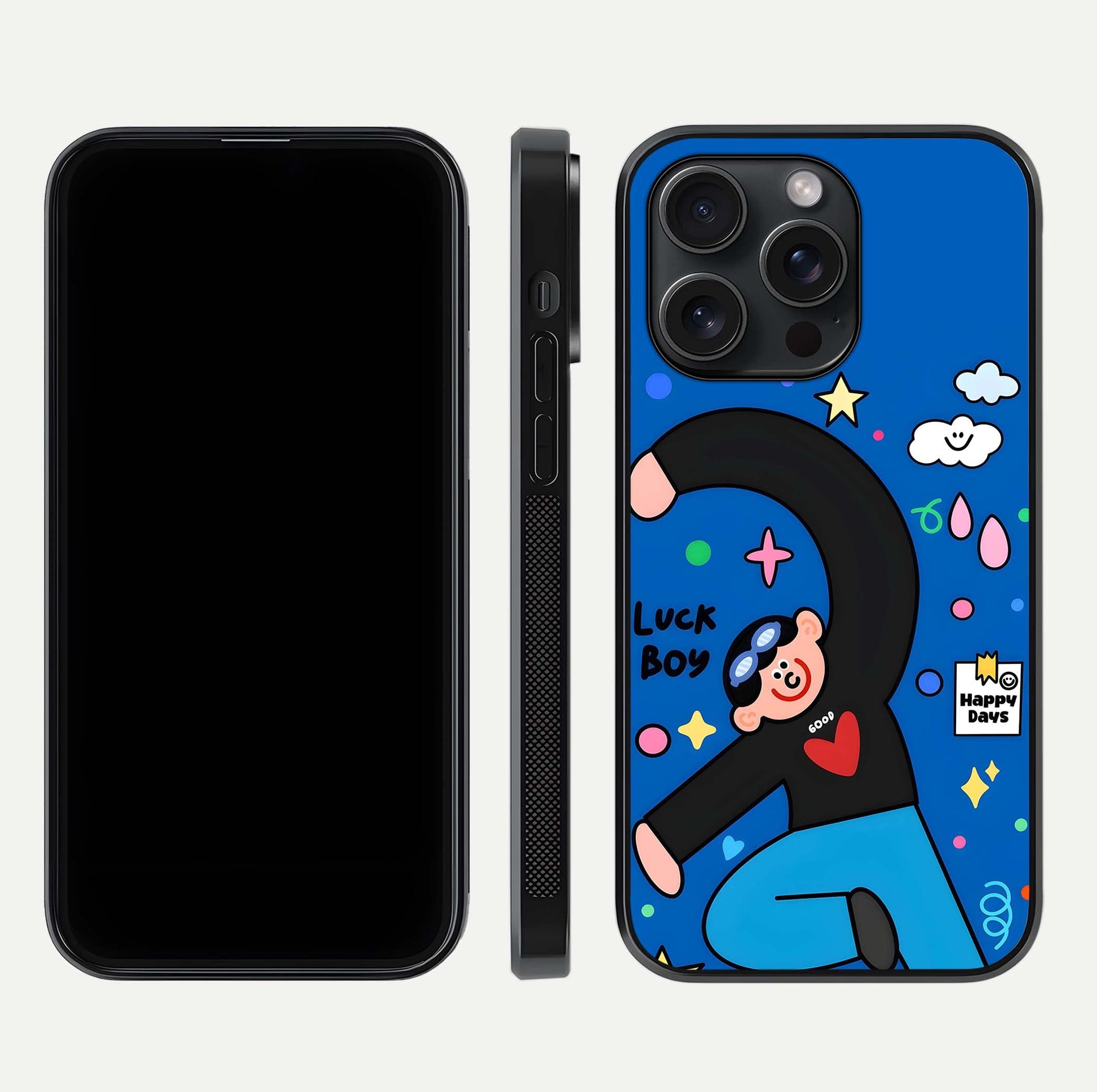 Happy Luck Vibe Glass Case for iPhone 15 Pro front and back view layout highlighting positive motif and curved edges