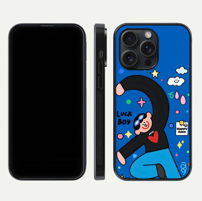 Happy Luck Vibe Glass Case for iPhone 15 Pro front and back view layout highlighting positive motif and curved edges