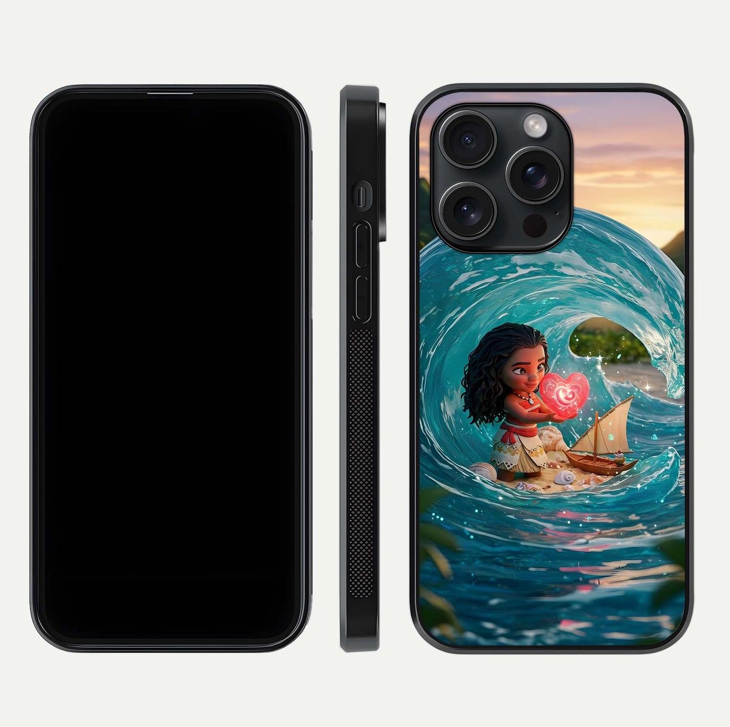 Heart of Ocean Glass Case for iPhone 15 Pro front and back view layout highlighting sea-themed art and curved glass edges
