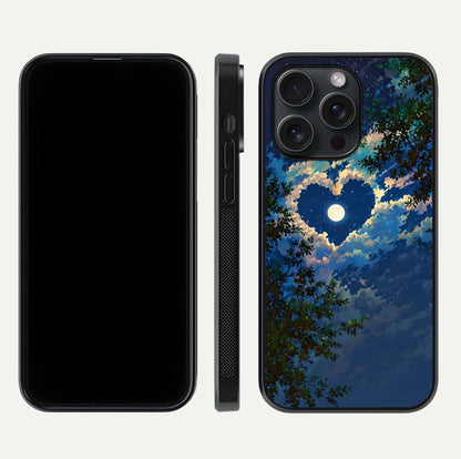 Heart with Moon Sky Glass Case for iPhone 15 Pro front and back view layout displaying celestial tones and curved glass