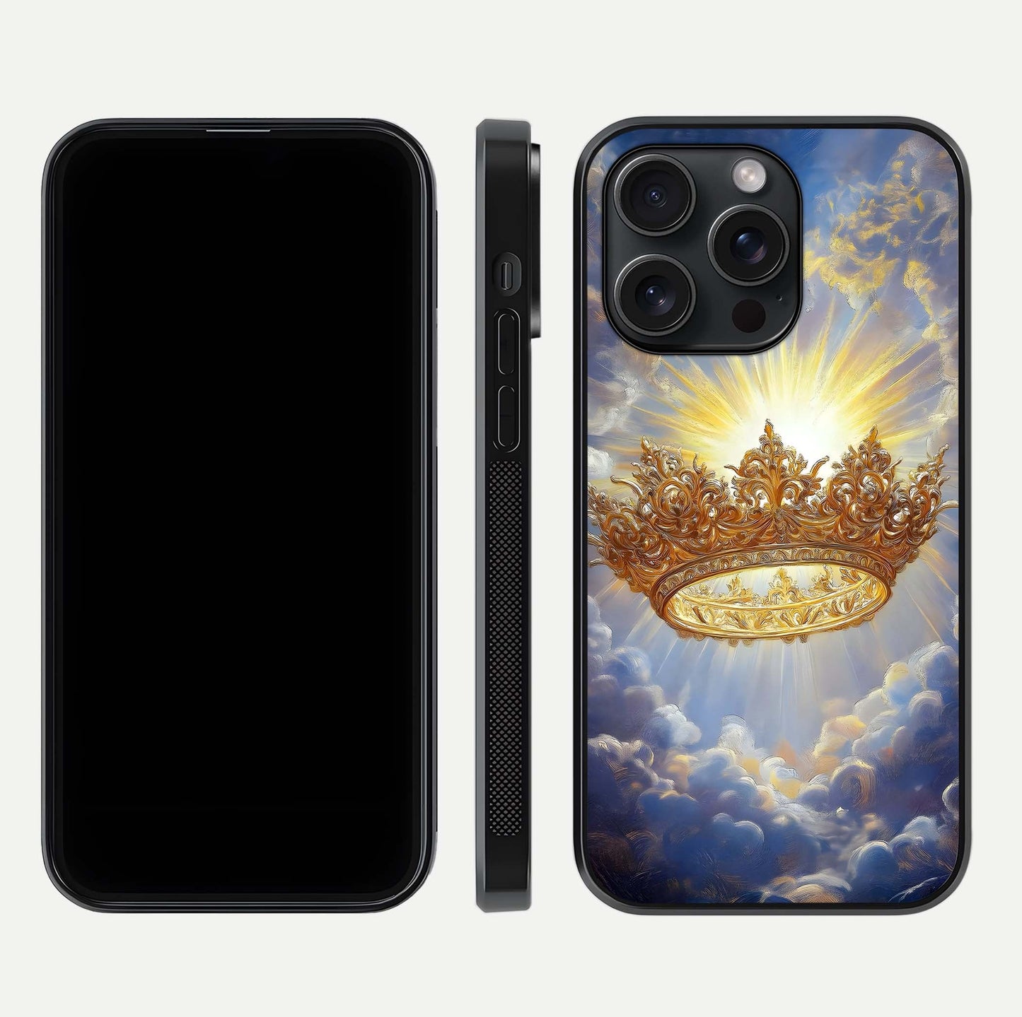 Heavenly Crown Light Glass Case for iPhone 15 Pro front and back view layout highlighting golden aura tones and curved glass edges