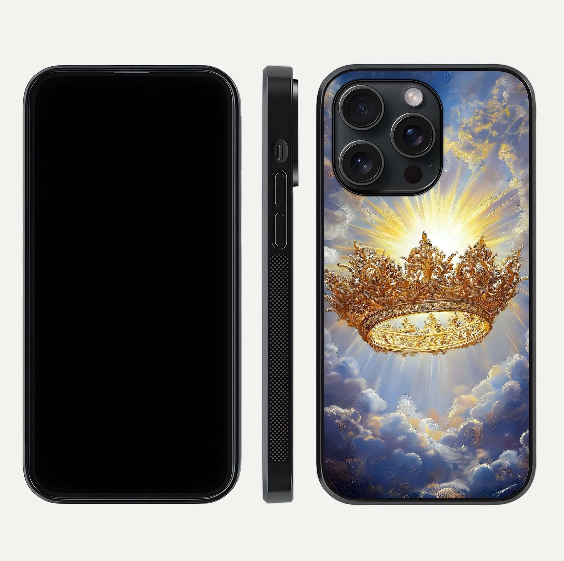 Heavenly Crown Light Glass Case for iPhone 15 Pro front and back view layout highlighting golden aura tones and curved glass edges