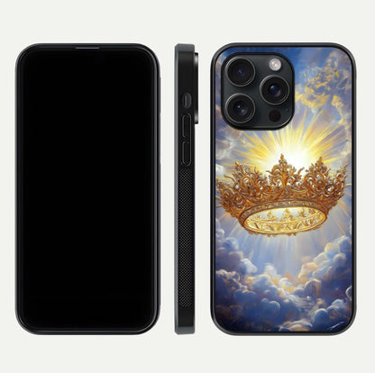 Heavenly Crown Light Glass Case for iPhone 15 Pro front and back view layout highlighting golden aura tones and curved glass edges