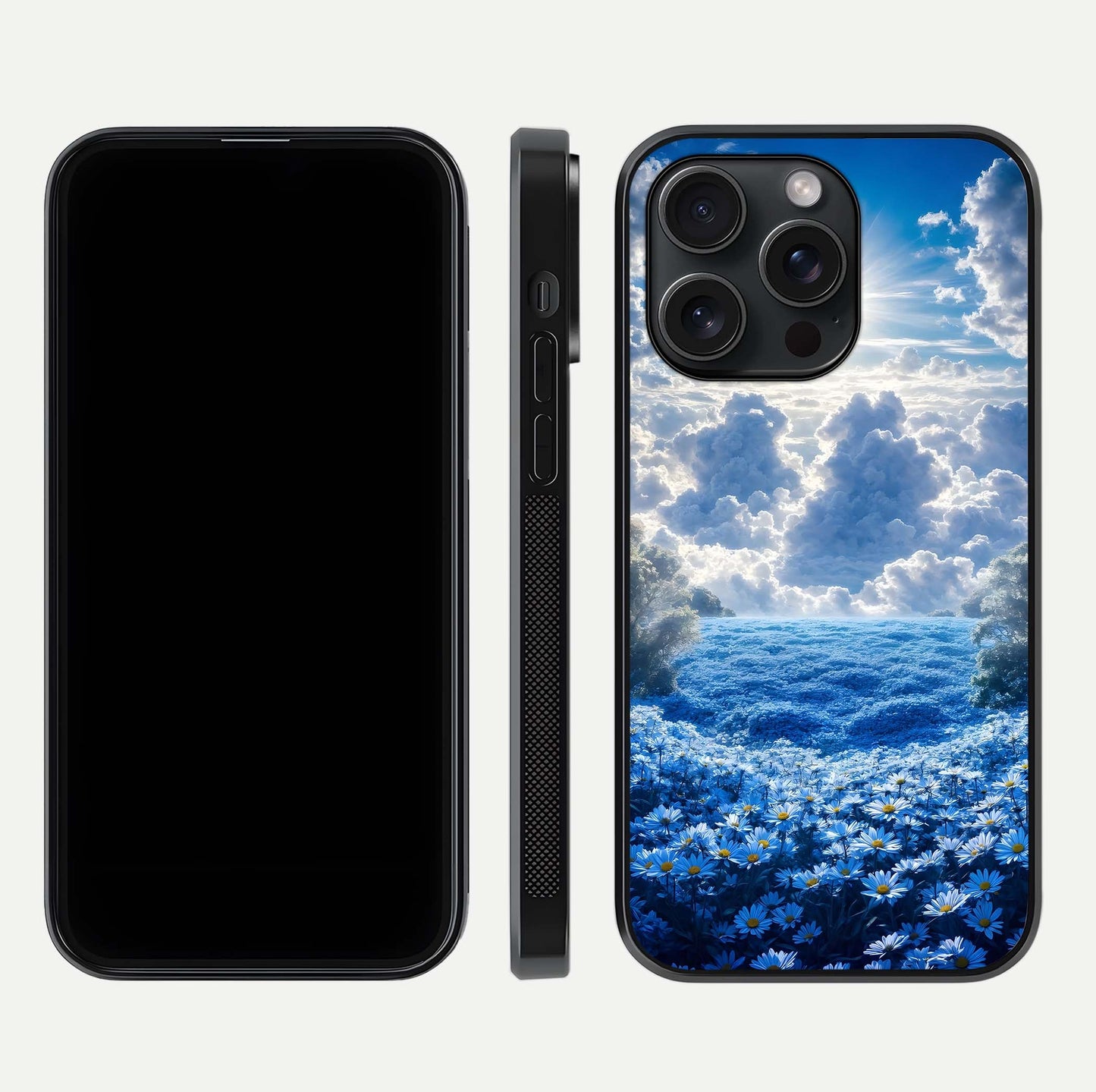 Heavenly Daisy Horizon Glass Case for iPhone 15 Pro front and back view layout highlighting floral field tones and curved edges