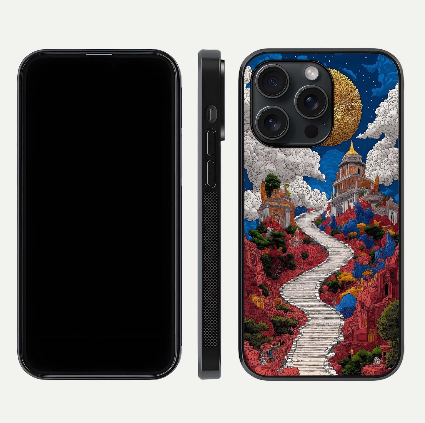 Heavenly Moon Path Glass Case for iPhone 15 Pro front and back view layout displaying night sky tones and curved glass edges