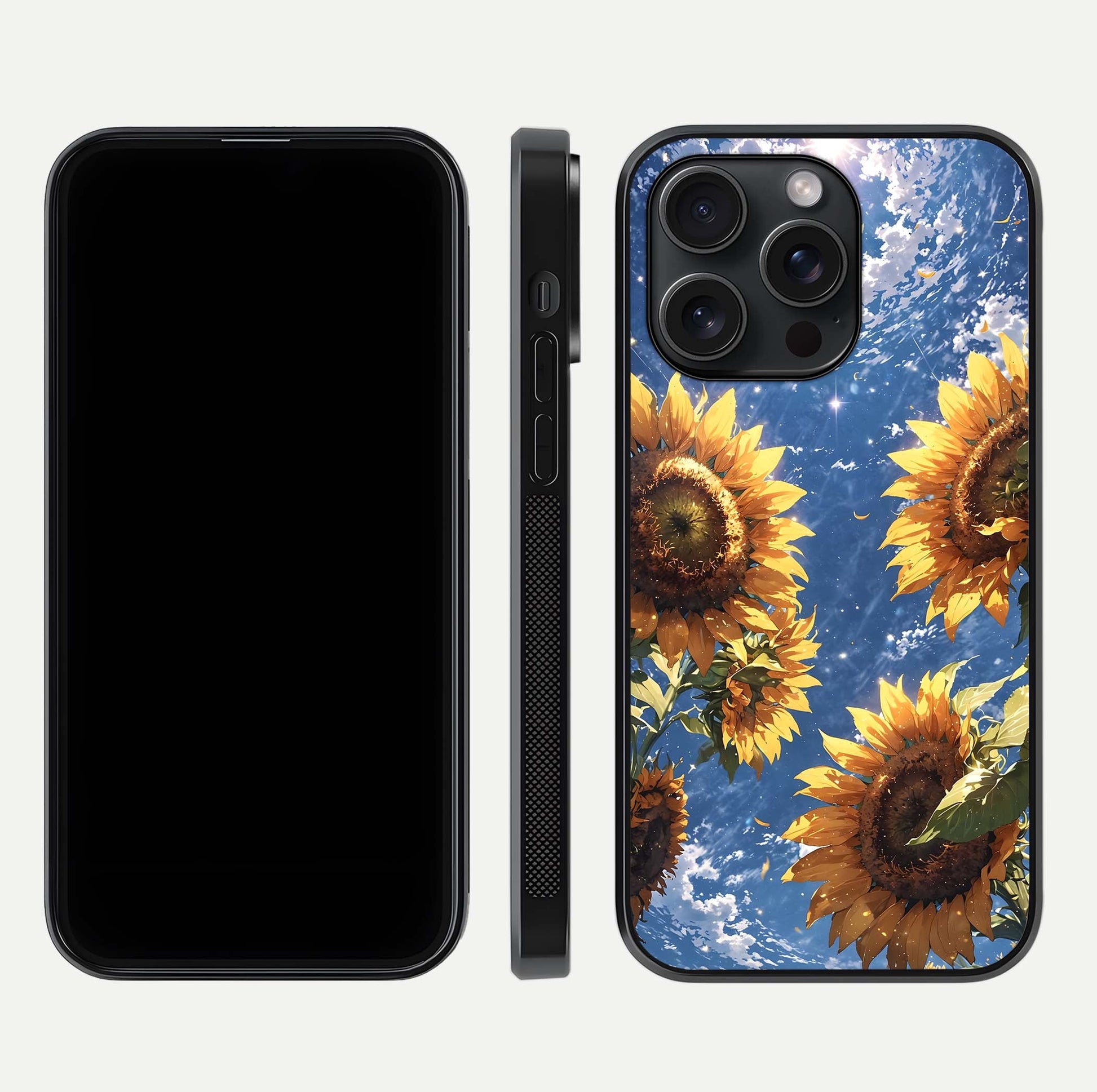 Heavenly Sunflower Rise Glass Case for iPhone 15 Pro front and back view layout highlighting golden floral tones and curved edges
