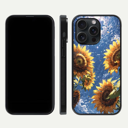 Heavenly Sunflower Rise Glass Case for iPhone 15 Pro front and back view layout highlighting golden floral tones and curved edges