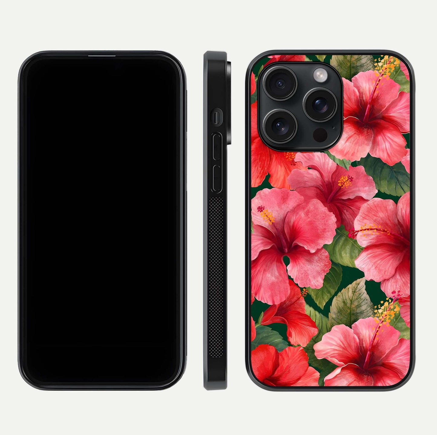 Hibiscus Pattern Glass Case for iPhone 15 Pro front and back view layout highlighting tropical design and curved glass edges