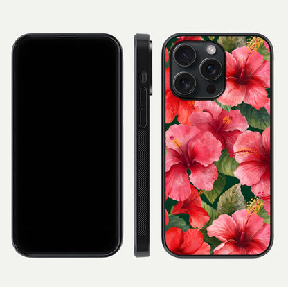 Hibiscus Pattern Glass Case for iPhone 15 Pro front and back view layout highlighting tropical design and curved glass edges