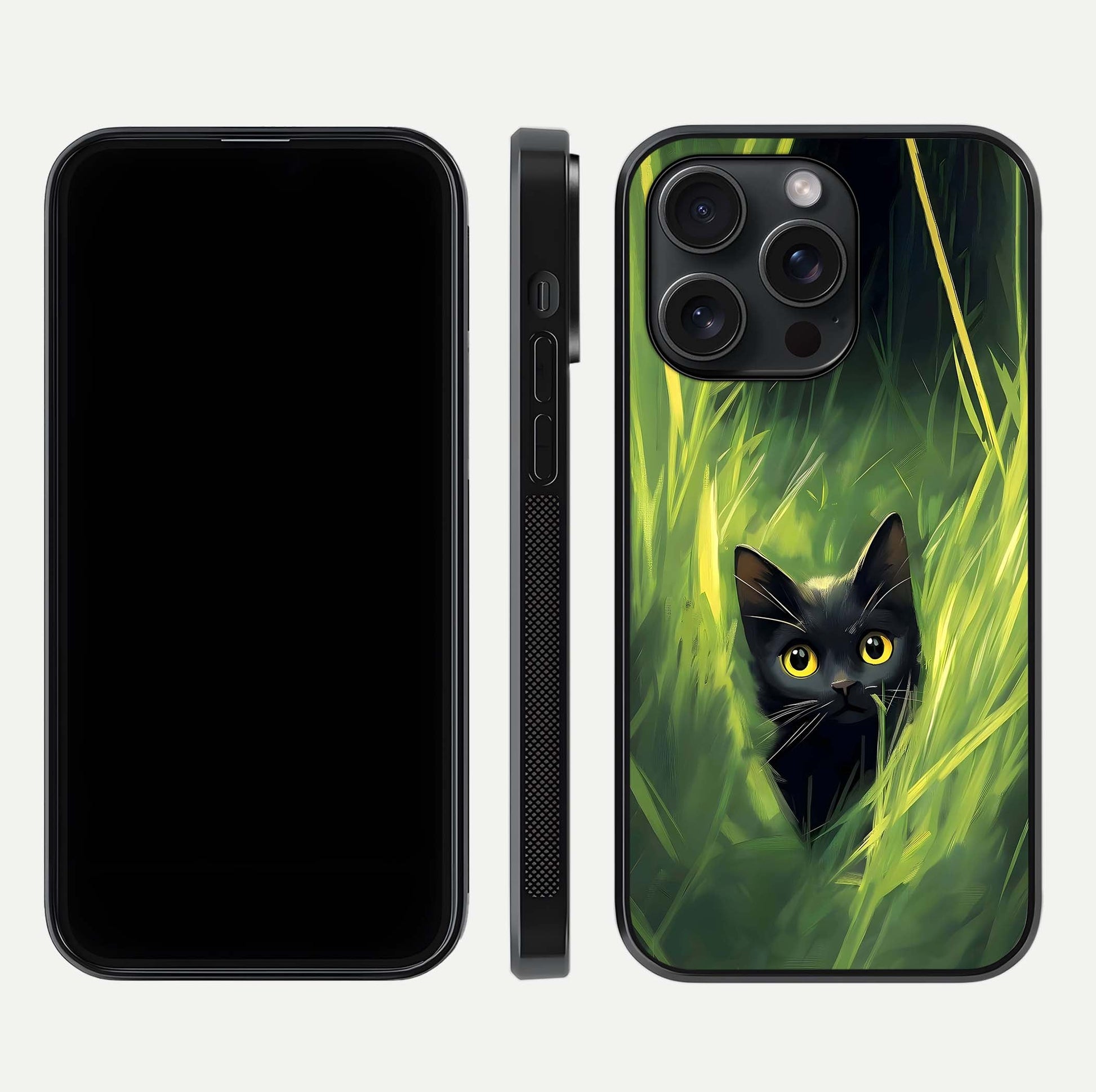 Hidden Cat Whisper Glass Case for iPhone 15 Pro front and back view layout highlighting minimalist art and curved edges