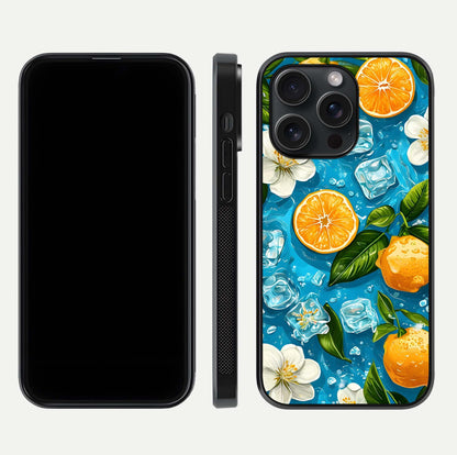 Ice Cube With Orange Glass Case for iPhone 15 Pro front and back view layout highlighting fresh orange tones and curved edges
