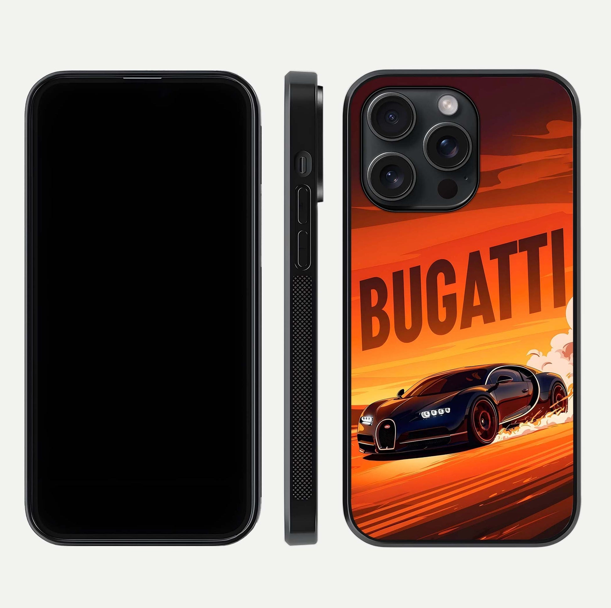 Inferno Bugatti Storm Glass Case for iPhone 15 Pro front and back view layout highlighting car silhouette and curved glass edge